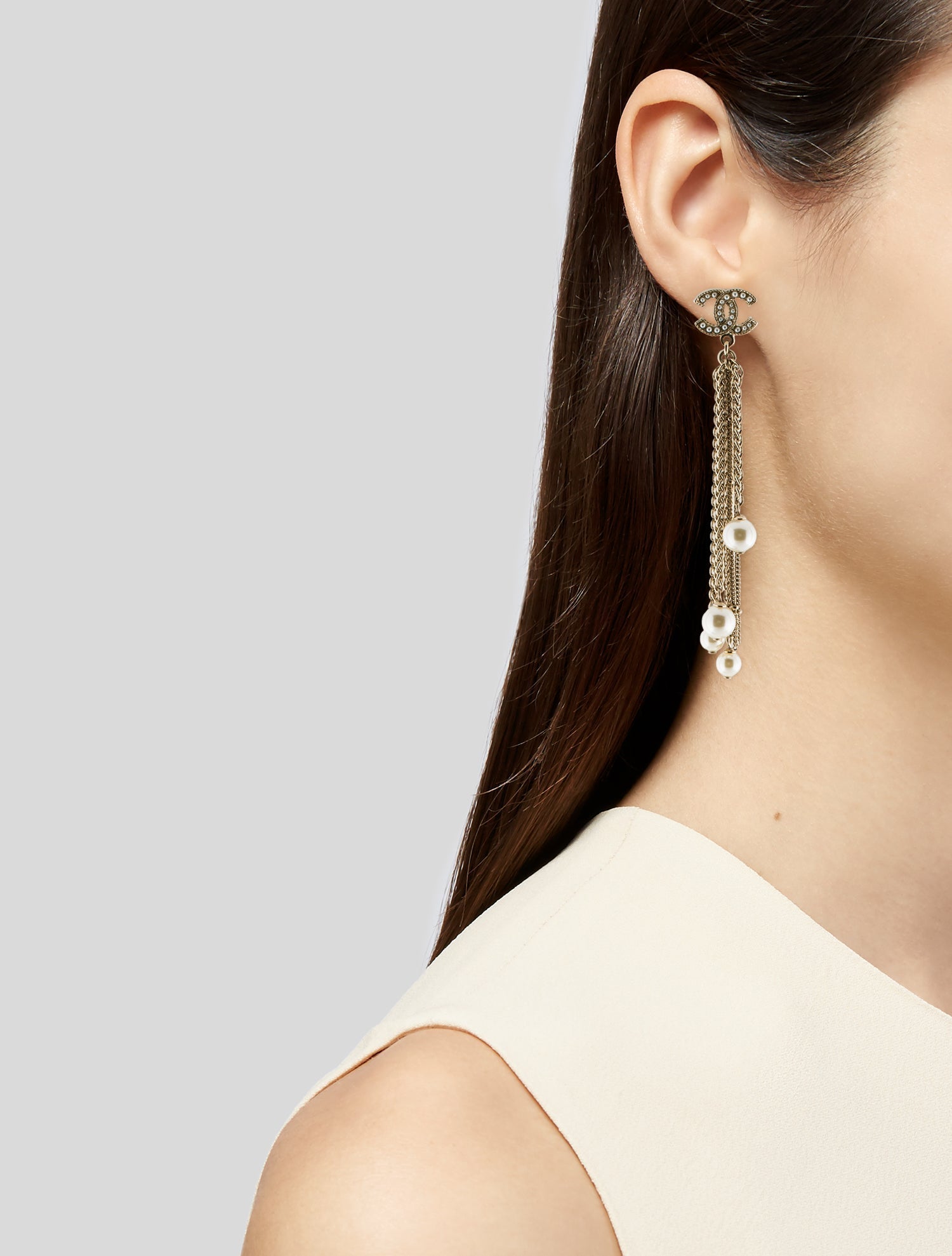 Chanel Faux Pearl CC Chain Drop Earrings